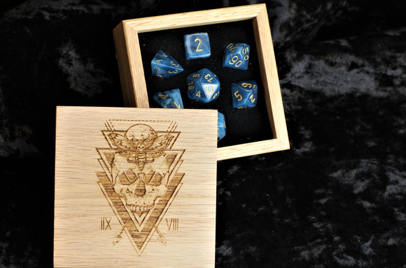 Blue Smoke Polyhedral Dice Set In Polished Oak Gift Box