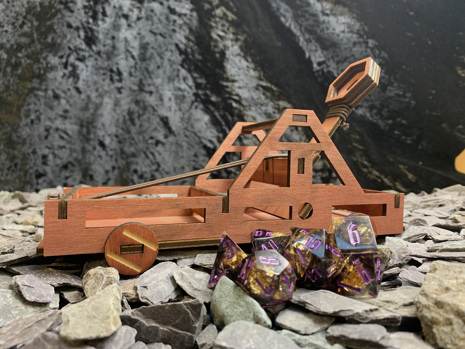 wooden dice catapult for Dungeons and Dragons, Pathfinder and other tabletop games. Free UK delivery by Fandomonium