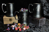 Engraved stainless steel drinking tankard.  Black enameled tankard engraved with your choice of 15 design option  Perfect for tabletop gaming, dungeons and dragons TTRPG's, LARP and much more.