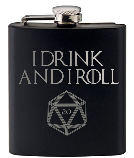 I Drink and I Roll 20 Game of Thrones and Dungeons and Dragons Inspired Hip Flask Set by Fandomonium