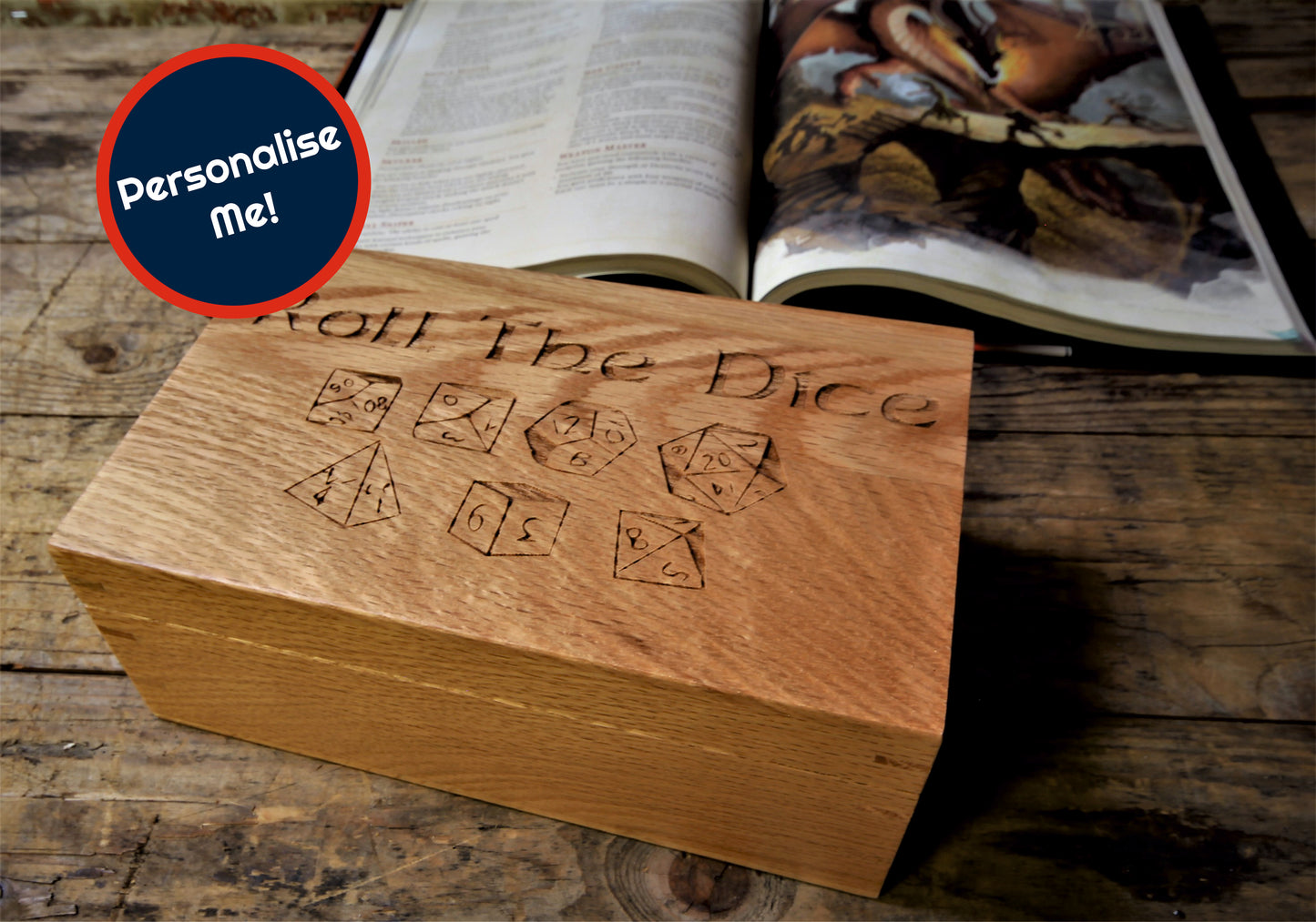 Oak engraved and personalised dice box by Fandomonium
