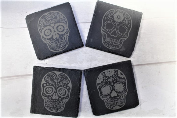Candy Skull Engraved Slate Coaster Set
