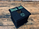 black wooden dice jail with colourful text. Choice of 3 colours. For use with Dungeons and Dragons, D&D, Tabletop Gaming. Dice games and RPG's. Free UK delivery with Fandomonium