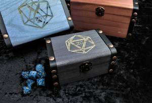Personalised engraved wooden dice box with choice of designs and colours. For use with tabletop gaming, RPG, D&D etc. Free UK delivery with Fandomonium