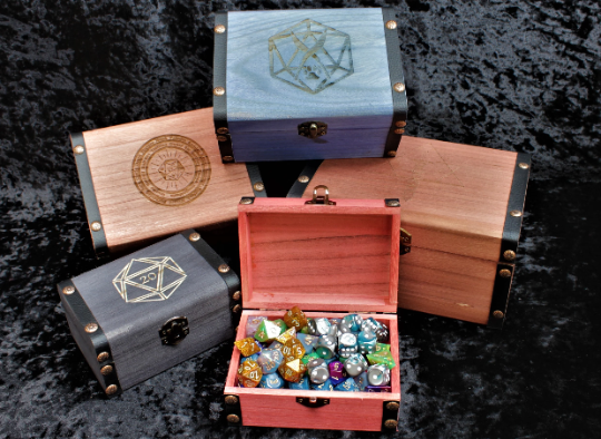 Engraved solid wood dice box with PU leather banding and metal studs. Perfect for Dungeons and Dragons, Pathfinder, tabletop gaming and RPG's