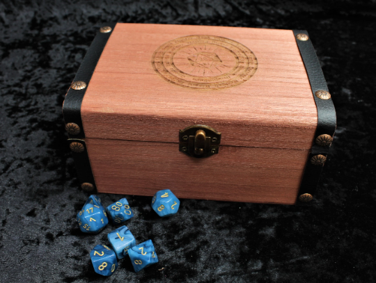 Engraved solid wood dice box with PU leather banding and metal studs. Perfect for Dungeons and Dragons, Pathfinder, tabletop gaming and RPG's