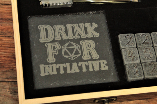 Drink For Initiative DND Drinking Gift With Whiskey Stones & Engraved Coasters