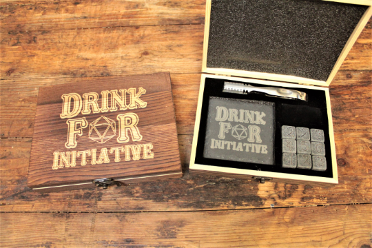 Drink For Initiative DND Drinking Gift With Whiskey Stones & Engraved Coasters