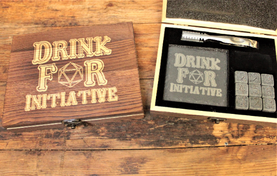 Drink For Initiative DND Drinking Gift With Whiskey Stones & Engraved Coasters