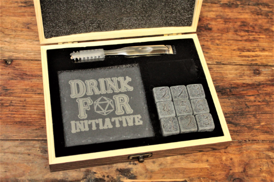 Drink For Initiative DND Drinking Gift With Whiskey Stones & Engraved Coasters