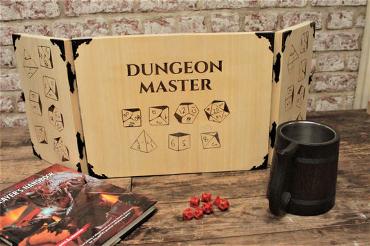 Wooden Dice Design Dungeon Master Screen -  Handmade By FandomoniumAn impressive, budget friendly addition to your RPG setup. Featuring Fandomonium's Dice design, the screen's 3 sections fold on hinges and has an antique effect catch for easy storage. The finish is aged and antiqued by hand to give you that rustic, tavern feel. Hand made by Fandomonium