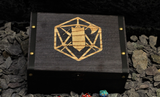 Fighter class engraved solid wood dice box with PU leather banding and metal studs. Free UK delivery with Fandomonium