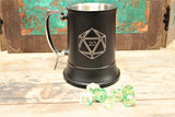 Engraved stainless steel drinking tankard.  Black enameled tankard engraved with your choice of 15 design option  Perfect for tabletop gaming, dungeons and dragons TTRPG's, LARP and much more.