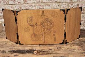 Wooden Steampunk Dungeon Master Screen - Handmade By FandomoniumAn impressive, budget friendly addition to your RPG setup. Featuring Fandomonium's Steampunk design, the screen's 3 sections fold on hinges and has an antique effect catch for easy storage. The finish is aged and antiqued by hand to give you that rustic, tavern feel. Hand made by Fandomonium