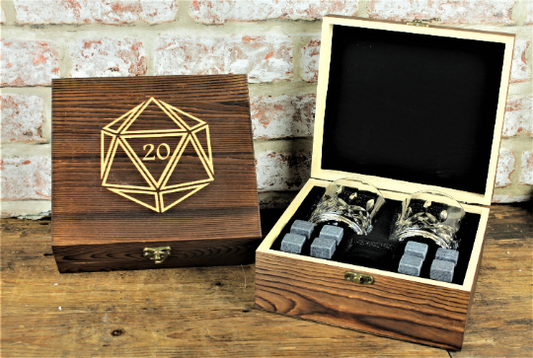 ersonalised Tabletop Gaming Design Whiskey Set.  This unique and fun sets contains a set of 6 whiskey stones engraved to look like dice and a cut glass tumbler - all in a solid wood engraved gift box.